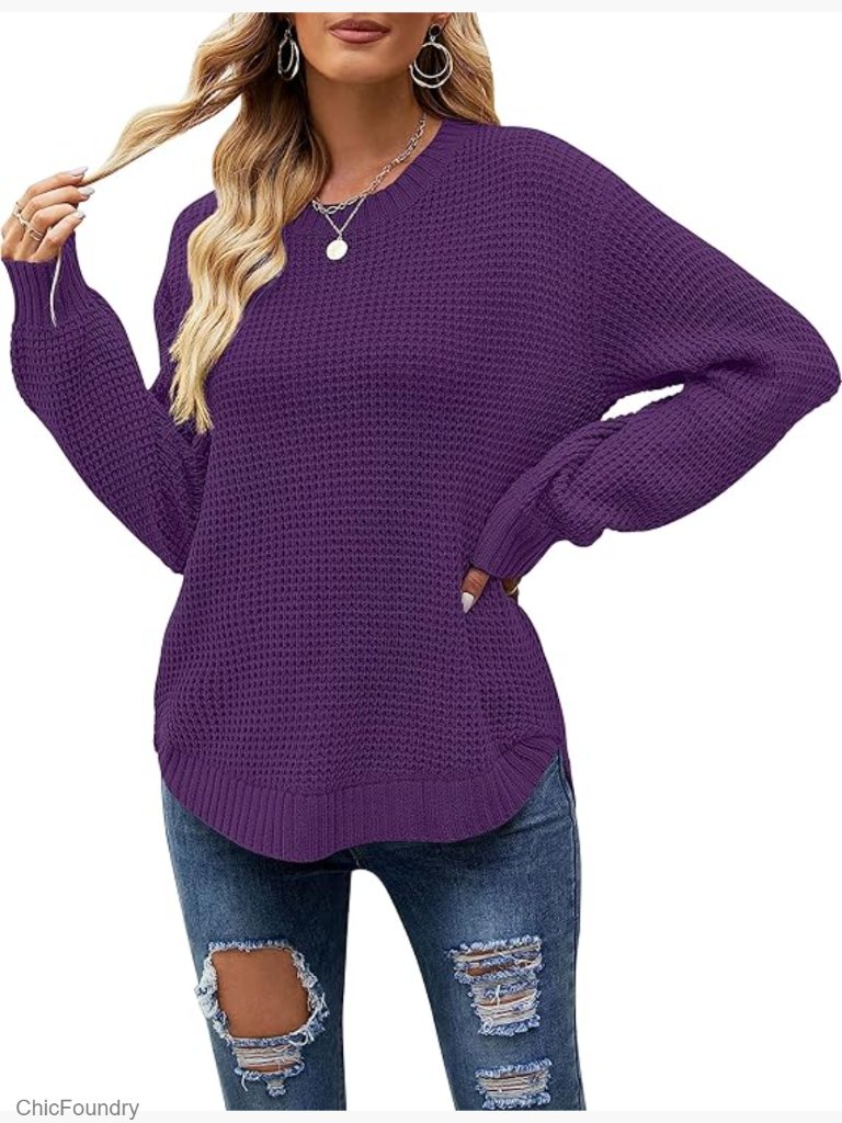 Long Sleeve Waffle Knit Pullover Sweater Loose Fit Crew Neck Tunic